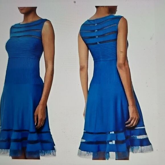 Tadashi Shoji Illusion Mesh Stripe Pintuck Jersey Sky Blue Cocktail Dress XSmall - Picture 1 of 10